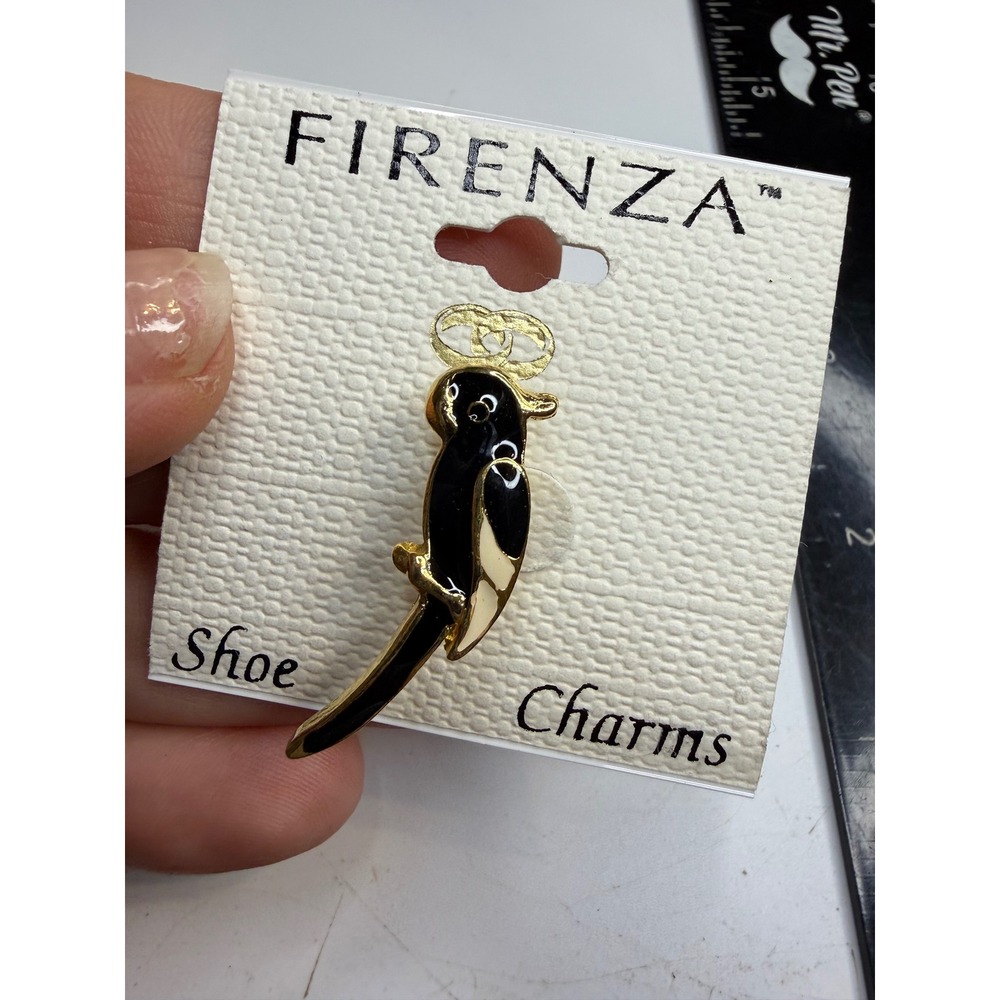 Firenza Black Enamel Parrot Bird Shoe Charm Gold Tone Lace Accessory NEW